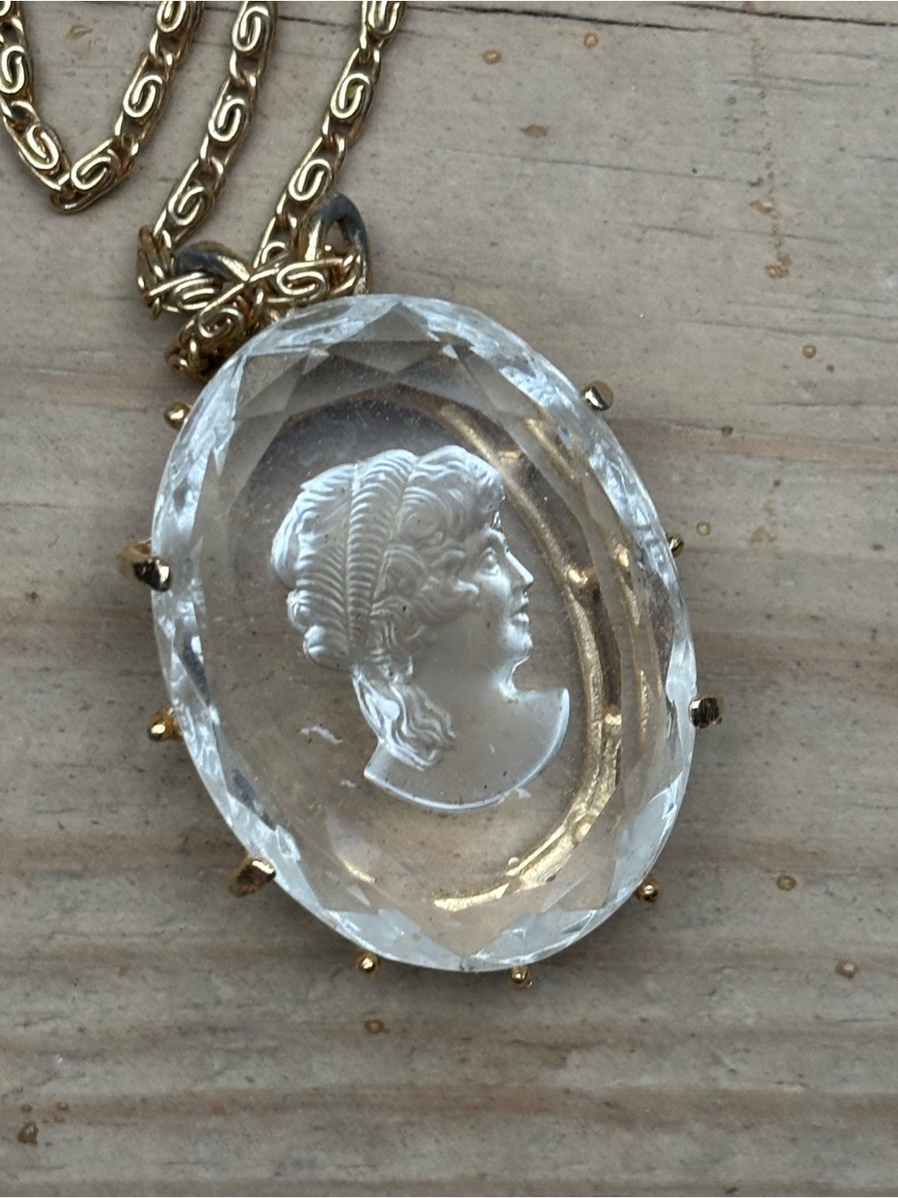 Vintage Gold-Tone Clear Crystal Cameo Pendant Necklace - Women Jewelry
